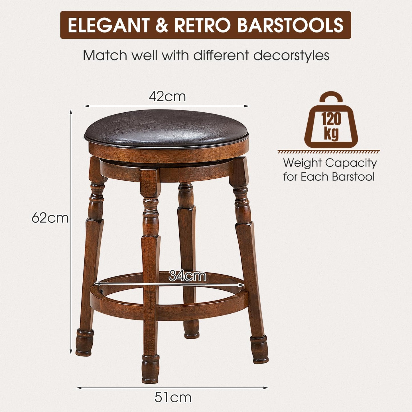 GiantexUK Bar Stools Set of 2, Swivel Upholstered PU Leather Barstools with Footrest