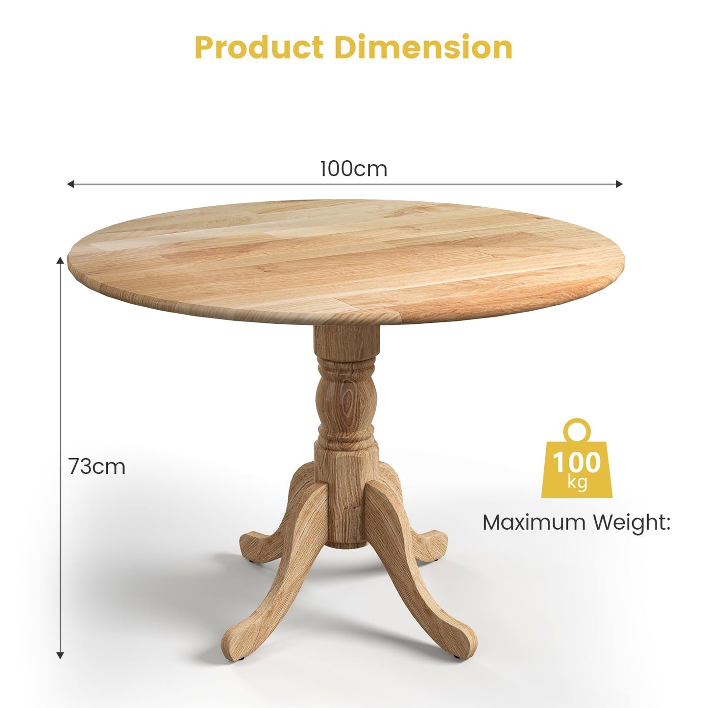 GiantexUK Round Dining Table, 100CM Rubber Wood Kitchen Table with Large Tabletop