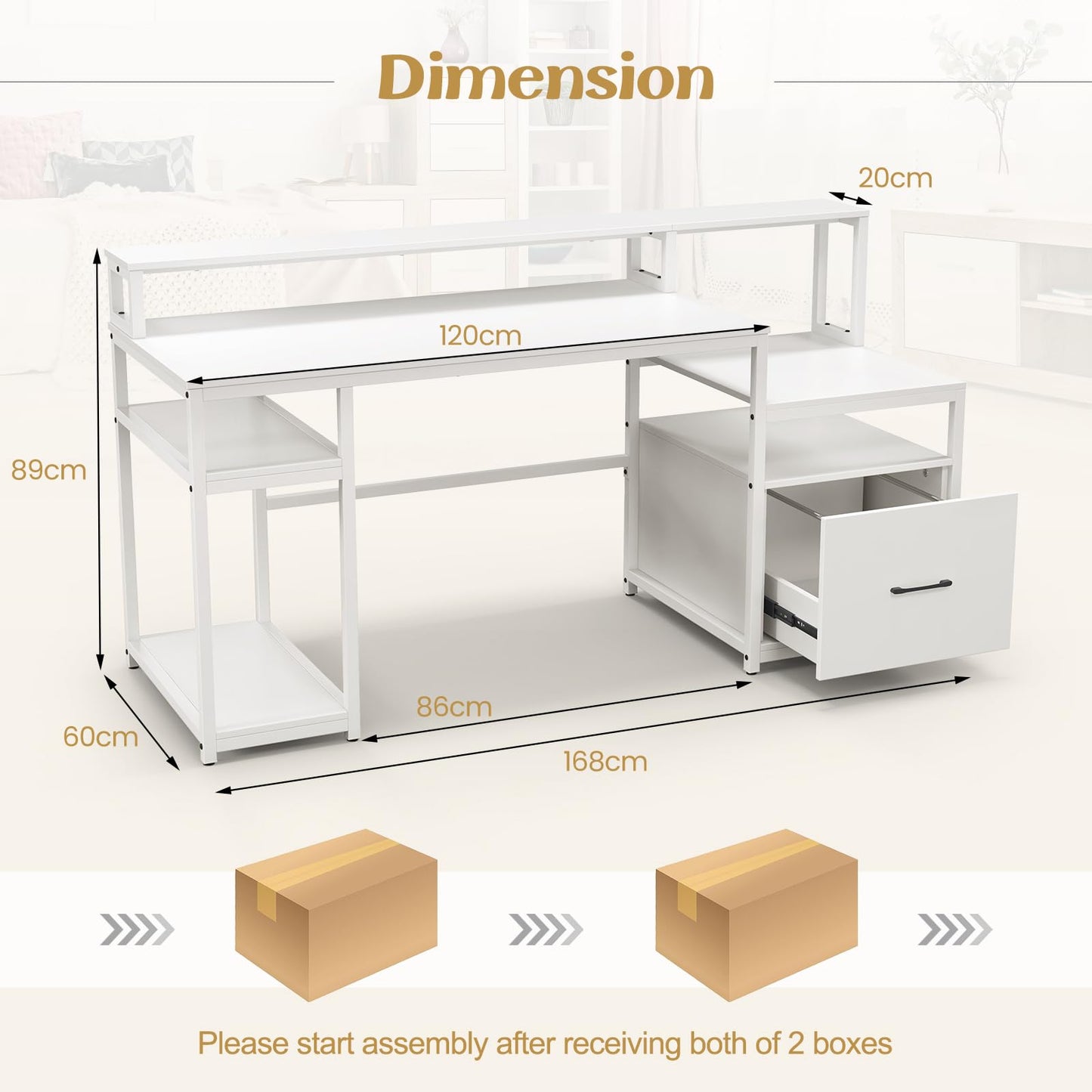 168CM Home Office Computer Desk, Wooden Study Table Writing Workstation with Monitor Stand