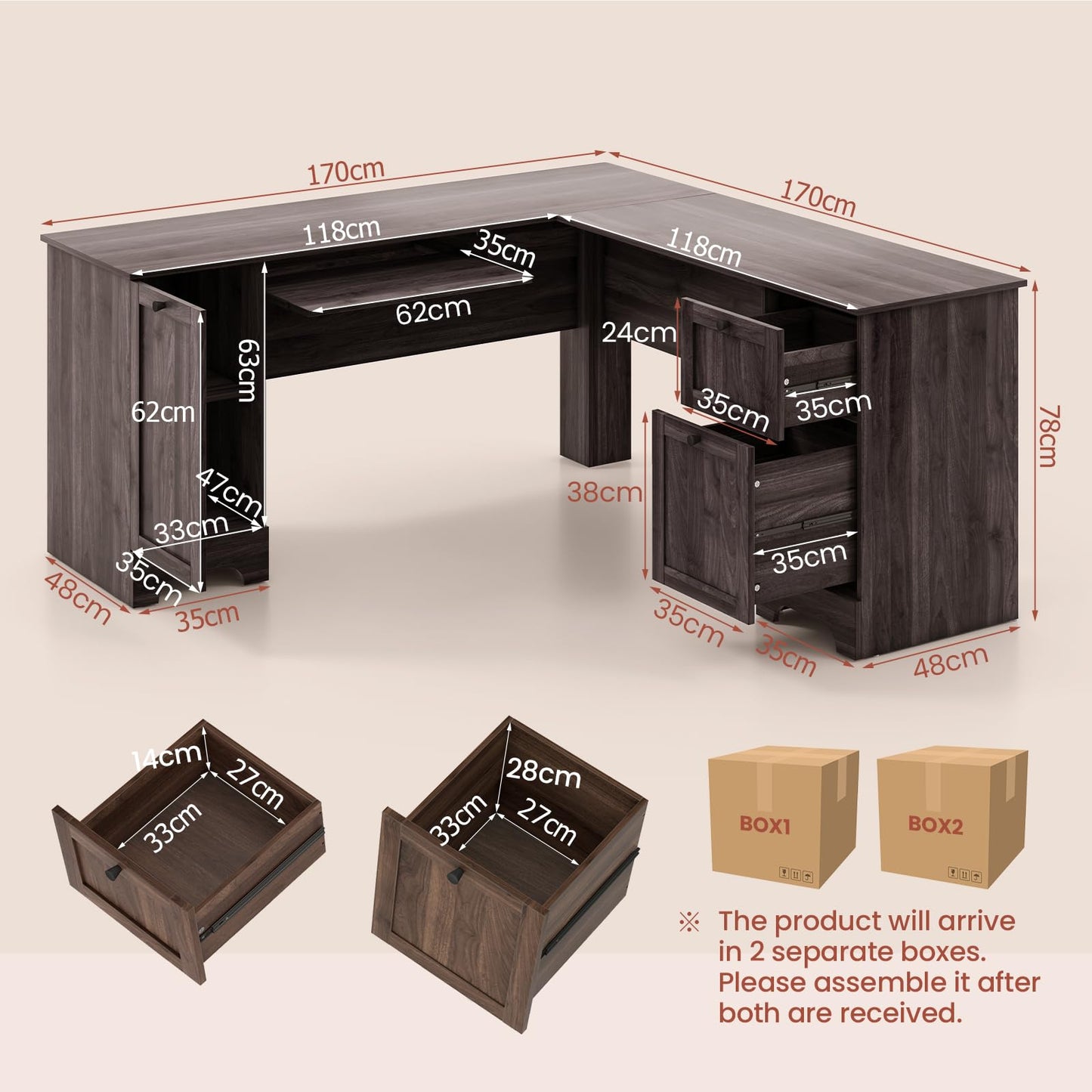 L-Shaped Computer Desk, 170cm Modern Large Corner Desk Writing Study Table with Drawers