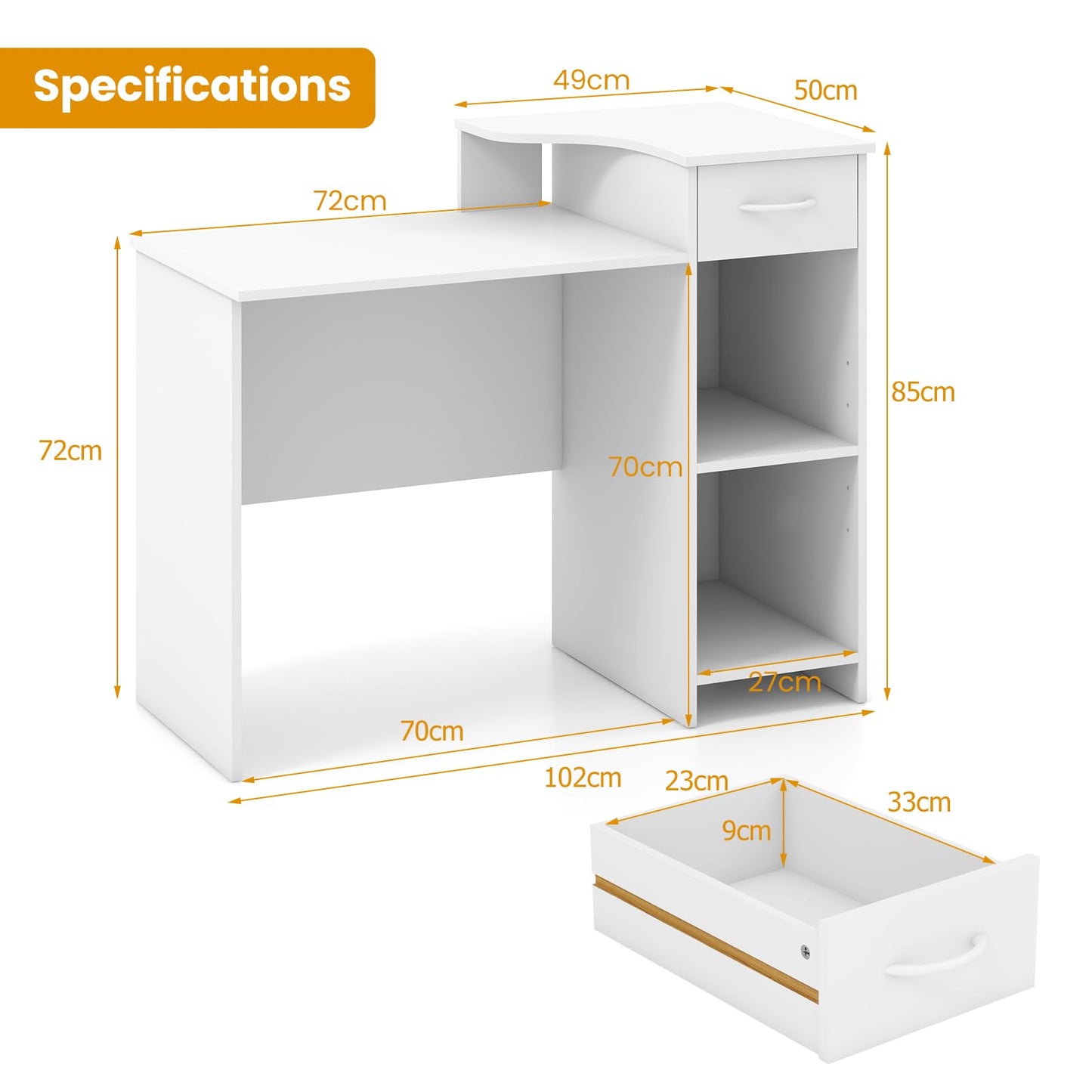 Compact Computer Desk, Small Wooden Study Writing Workstation with Drawer, 2 Compartments and Cable Hole (102 x 50 x 85 cm)