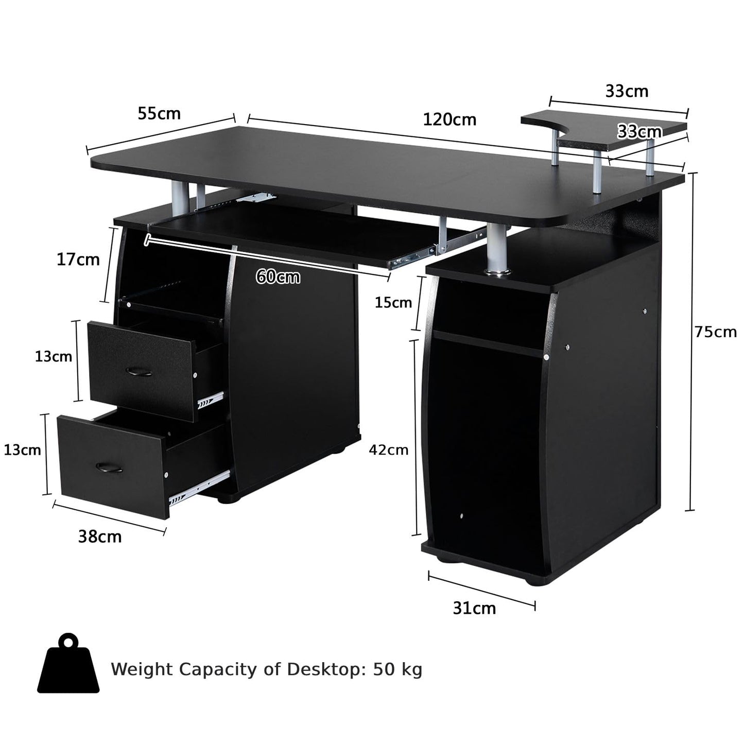 Computer Desk, Modern Writing Desk Office Desk with Drawers, Keyboard Tray, Printer Stand & Storage Shelves