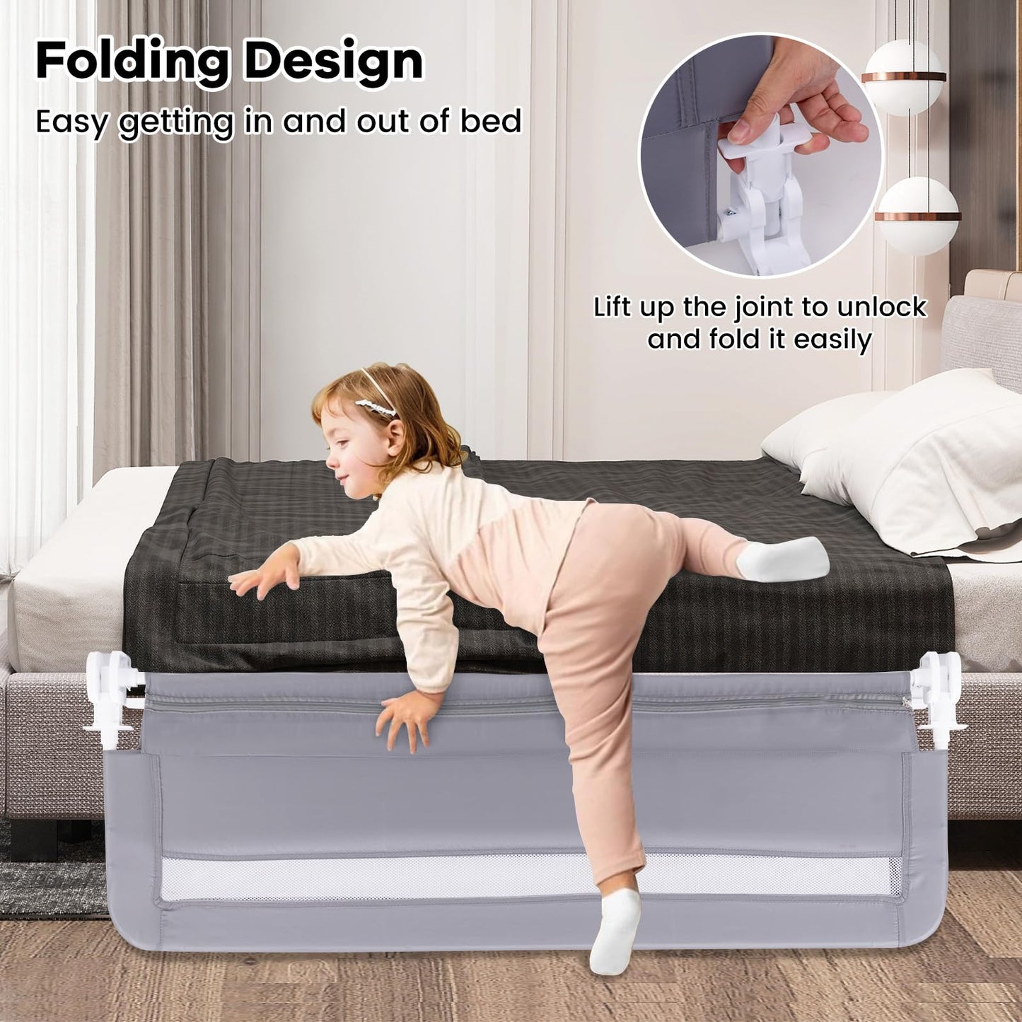 Bed Rail for Toddlers, 120cm Foldable Safety Beds Guard with Strap