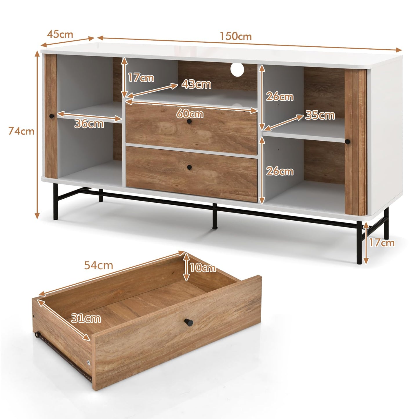 GiantexUK Storage Sideboard, Wooden Buffet Cabinet with 2 Drawers, 2 Sliding Doors, Open Compartment