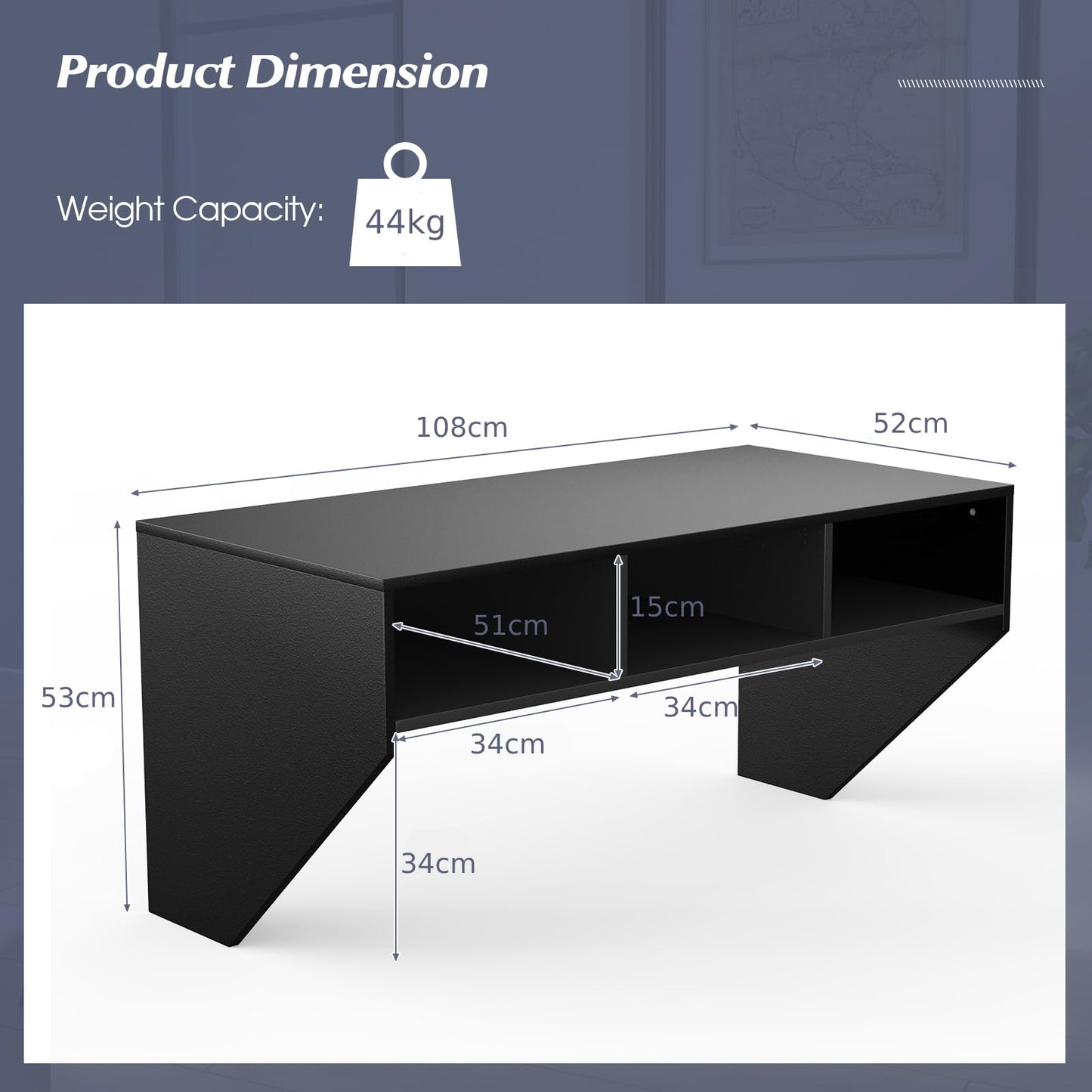 Wall Mounted Table, 108x52cm Floating Computer Desk with 3 Storage Compartments