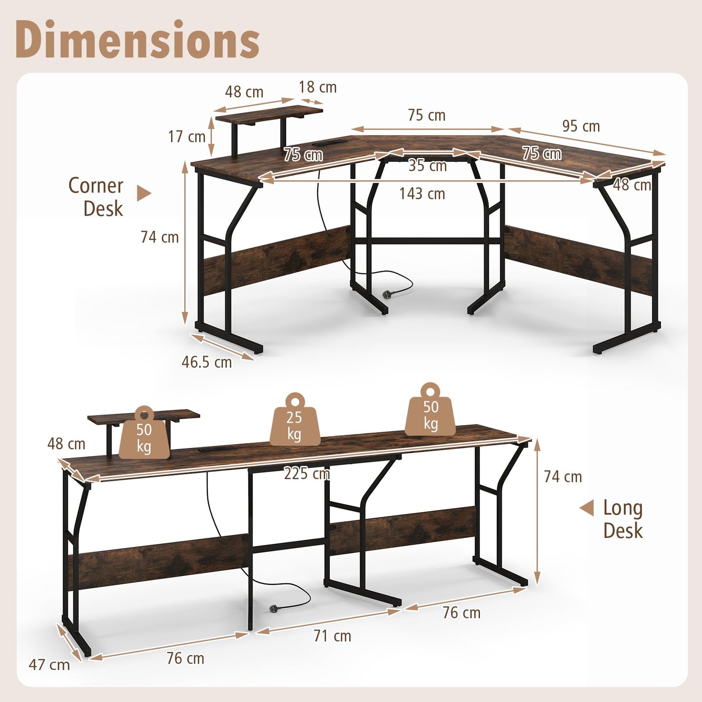 L-Shaped Computer Desk, 225cm Convertible Double Study Writing Workstation with Movable Monitor Stand