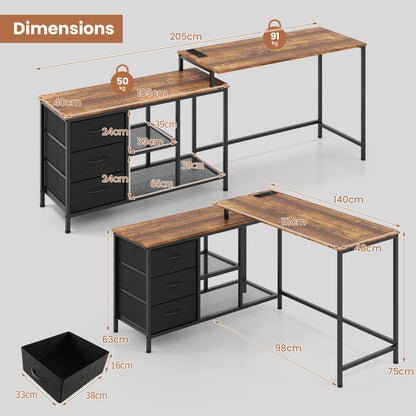 L-Shaped Computer Desk, Convertible Study Writing Workstation with Drawer, Shelves & Charging Station