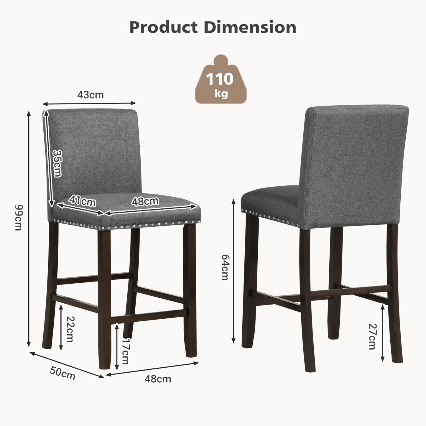 GiantexUK Bar Stools Set of 2/4, Upholstered Barstools with Padded Backrest & Footrests, Grey