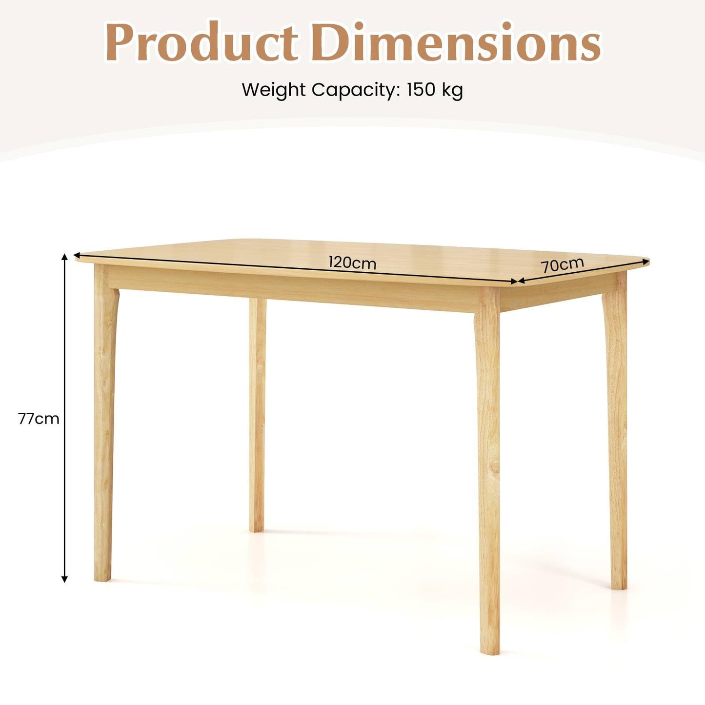 GiantexUK Dining Table, 120 x 70CM Rubber Wood Kitchen Table with Non-Slip Foot Pads & 150KG Load Capacity