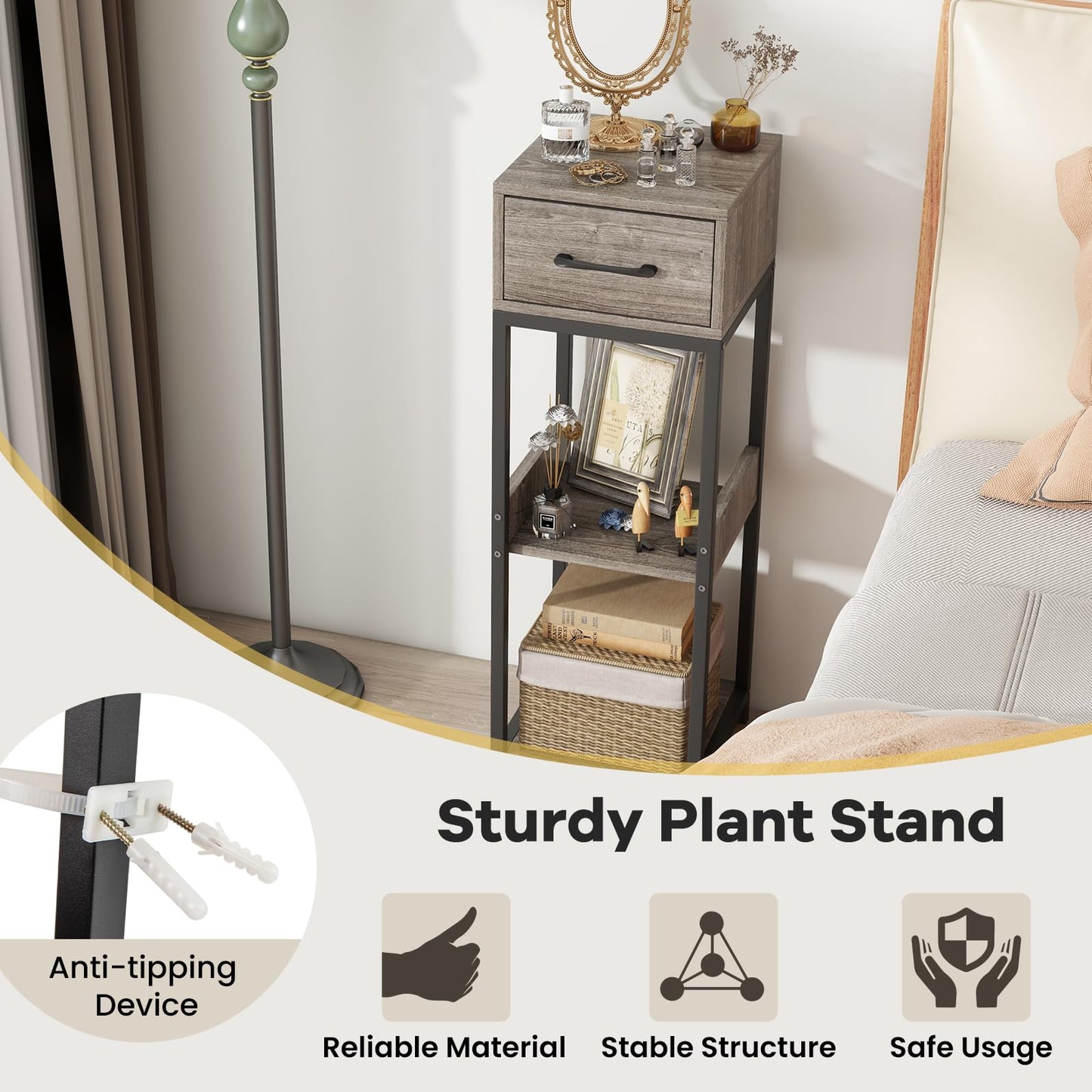 3 Tier Tall Metal Plant Stand, Corner Plant Holder with Anti-tipping Devices (with Top Drawer)