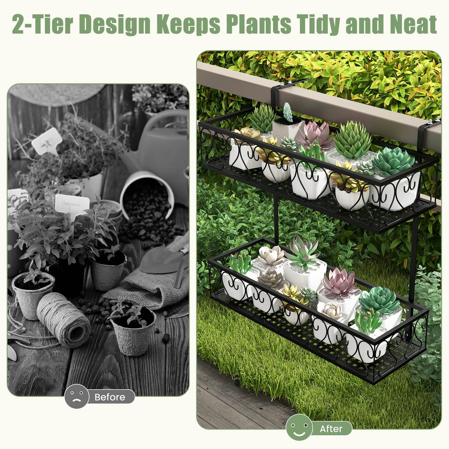 GiantexUK 2-Tier Hanging Flower Pot Holder, Iron Art Hanging Railing Planters with Adjustable Hooks