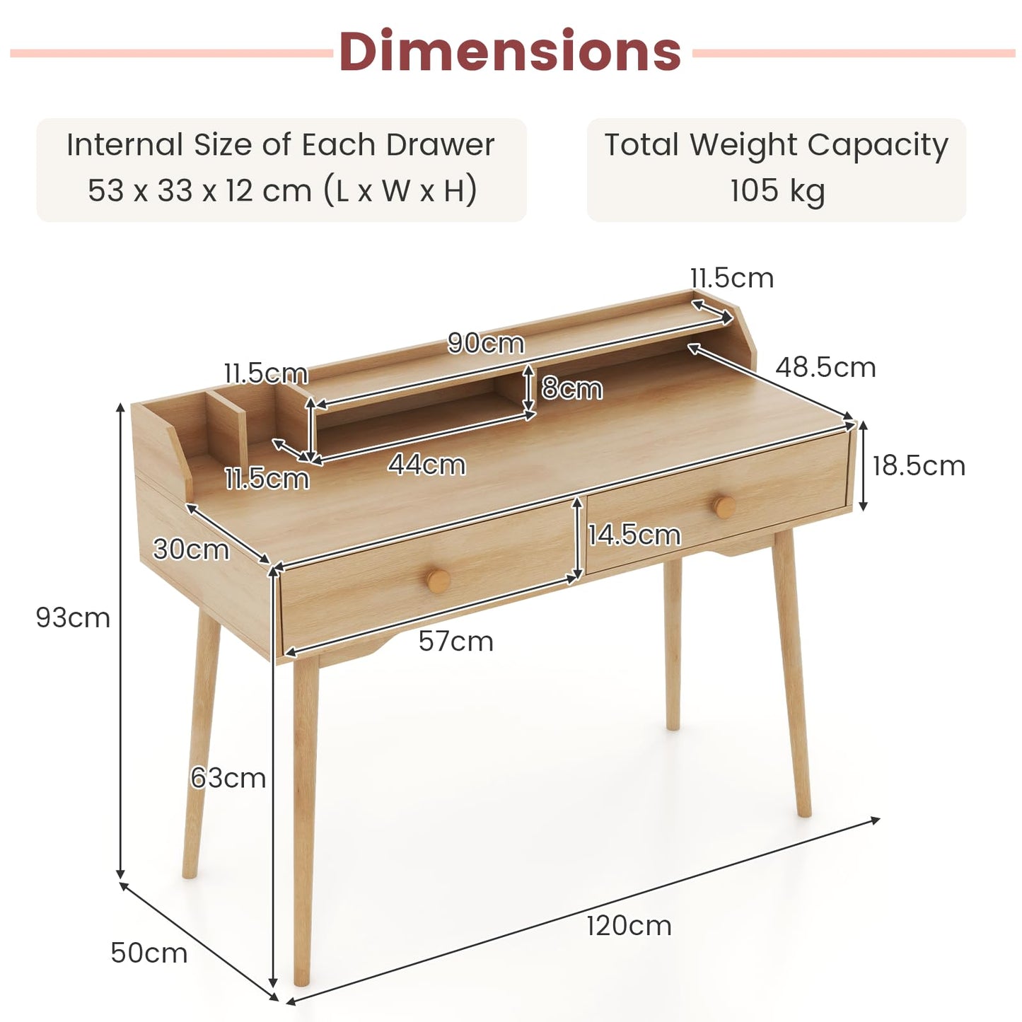 120cm Computer Desk, Writing Table with Drawers & Monitor Stand