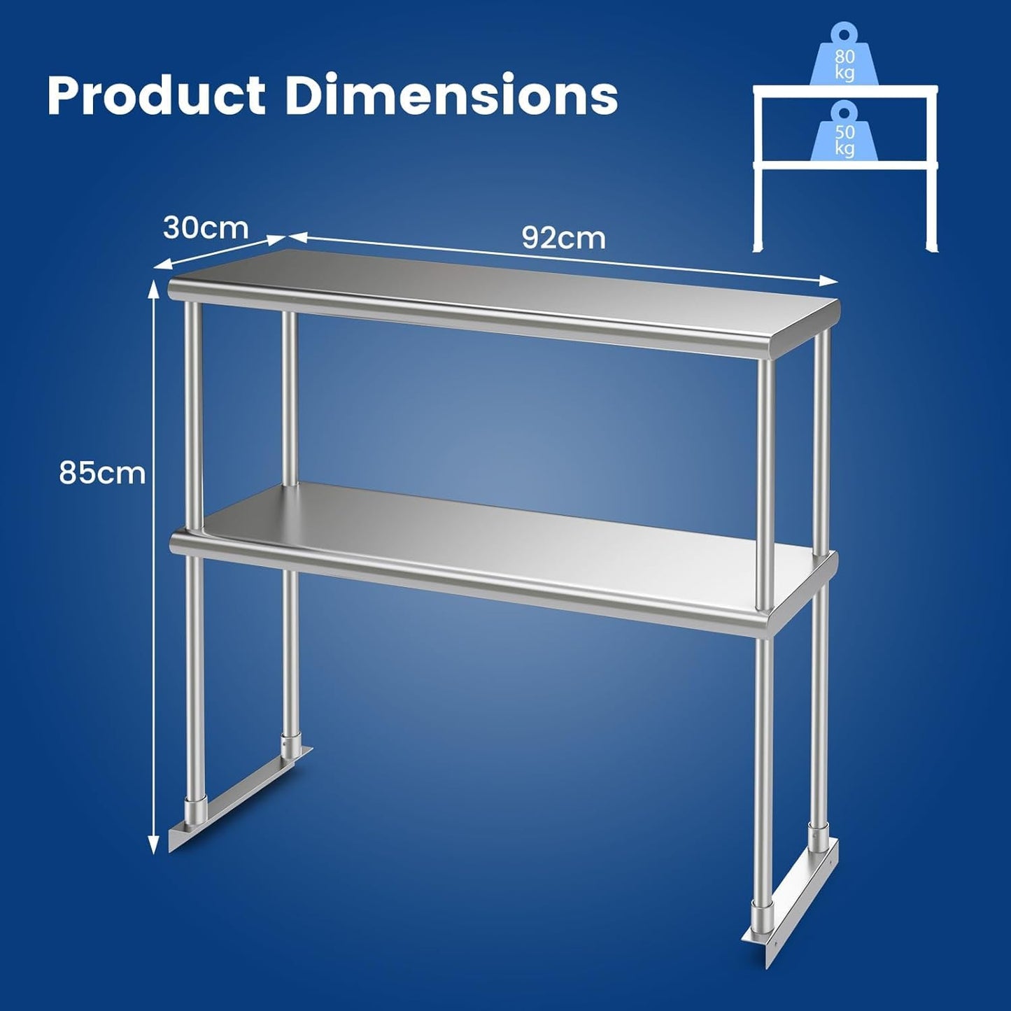 GiantexUK Stainless Steel Overshelf, 2-Tier Kitchen Catering Table with Flexible Adjustable Shelf