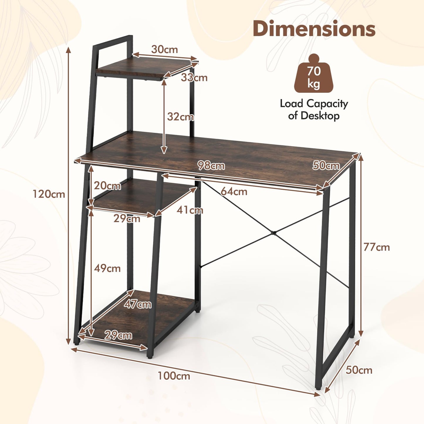 Wooden Computer Desk, 4 Tier Shelves Laptop Table with Foot Pads, Steel Frame Wide Desktop