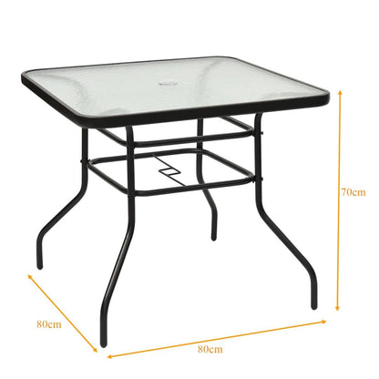 GiantexUK Garden Table, 80 x 80CM Square Glass Patio Dining Table with Parasol Hole