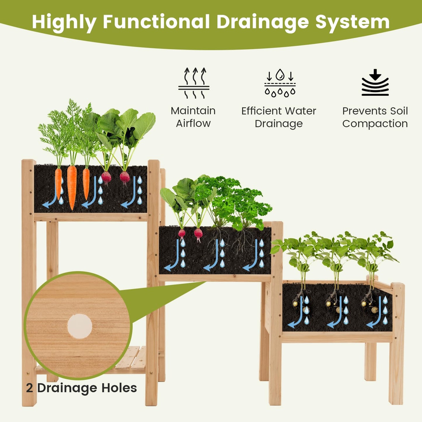 GiantexUK Wooden Raised Garden Bed, 3 Tier Vertical Ladder Garden Planter with Slatted Shelf & Drainage Holes