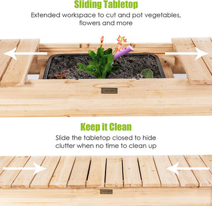 GiantexUK Wooden Potting Table, Garden Planting Bench with Open Shelves and Extendable Tabletop