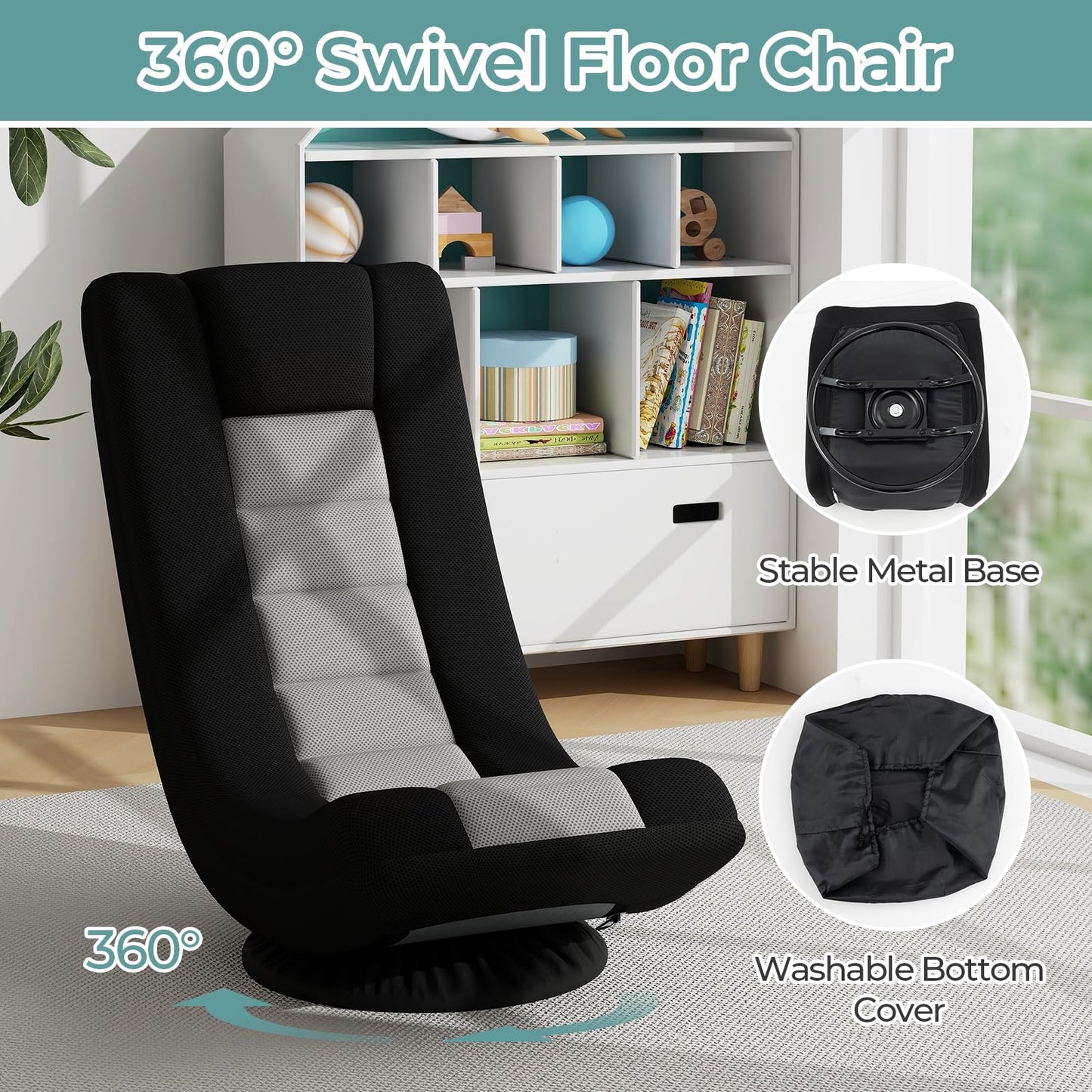 Folding Floor Chair, 360° Swivel Lazy Sofa Chair with 4-Position Adjustable Backrest