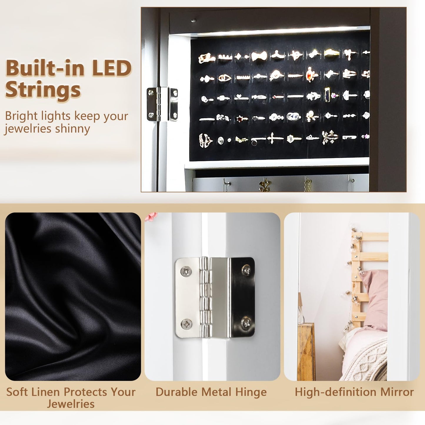 LED Lighted Jewelry Cabinet, Wall & Door Mounted Jewelry Armoire with Full-Length Mirror