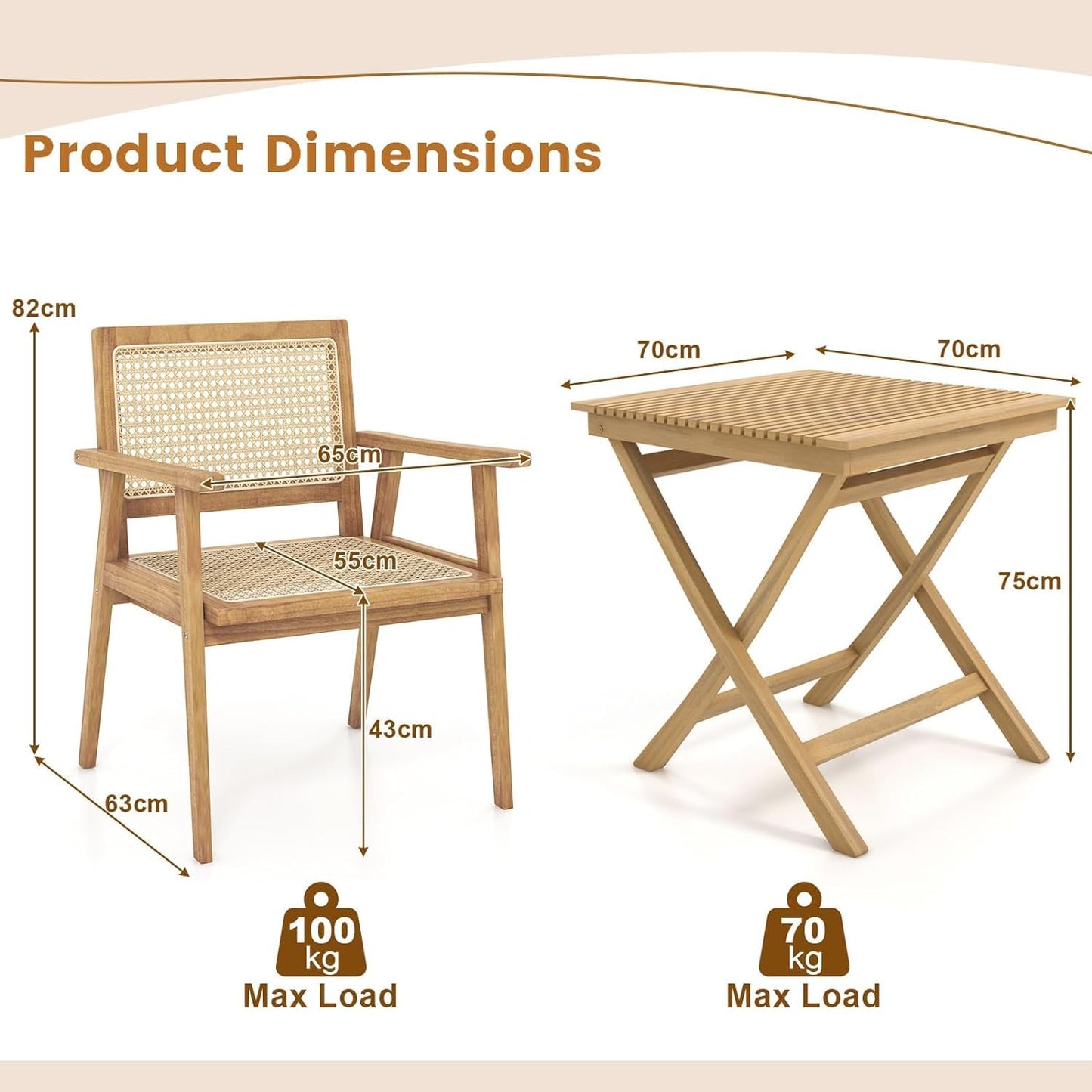 GiantexUK Bistro Set, Folding Teak Wood Table and Chairs with Rattan Back, Armrests & Slatted Tabletop