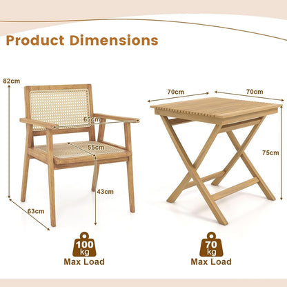 GiantexUK Bistro Set, Folding Teak Wood Table and Chairs with Rattan Back, Armrests & Slatted Tabletop