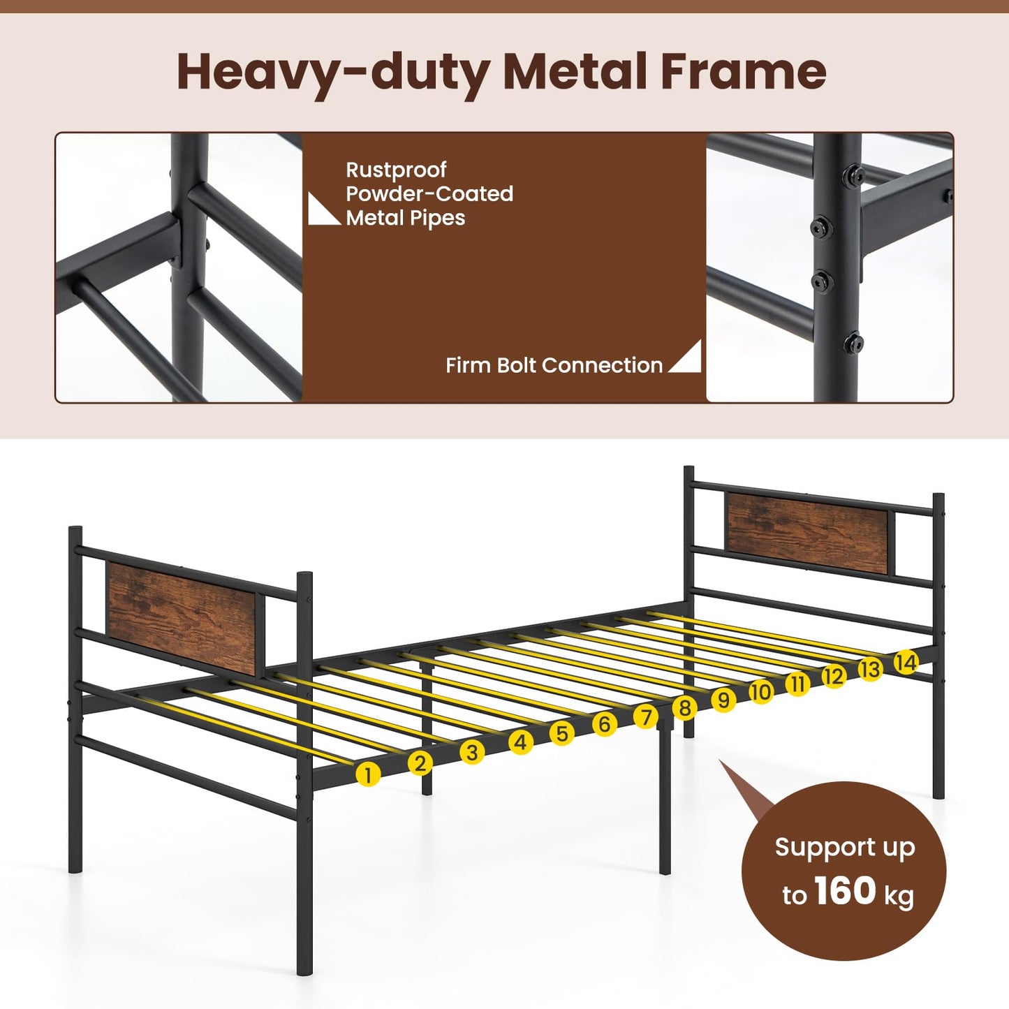 3FT Metal Day Bed with Trundle, Single Bed Frame with Pull-out Bed