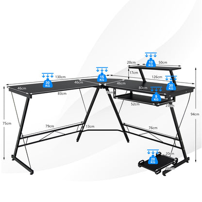 L-Shaped Computer Desk, 130CM Large 2-Person Corner Writing Workstation with Movable Host Stand