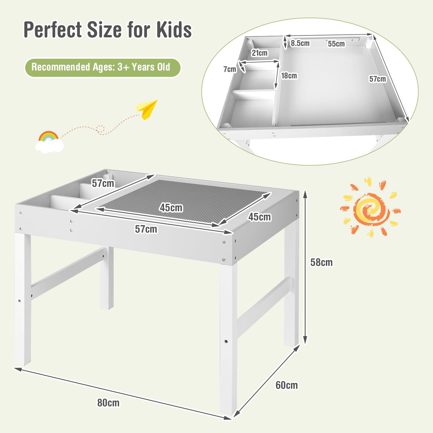 3-in-1 Kids Activity Table, Wooden Children Building Blocks Table with Reversible Tabletop and Storage