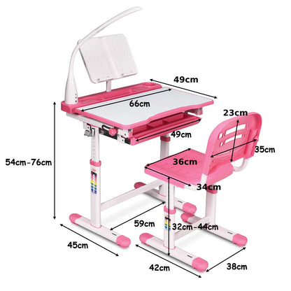 Kids Study Desk and Chair Set, Adjustable Children's Table with Eye-protection Lamp, Bookstand