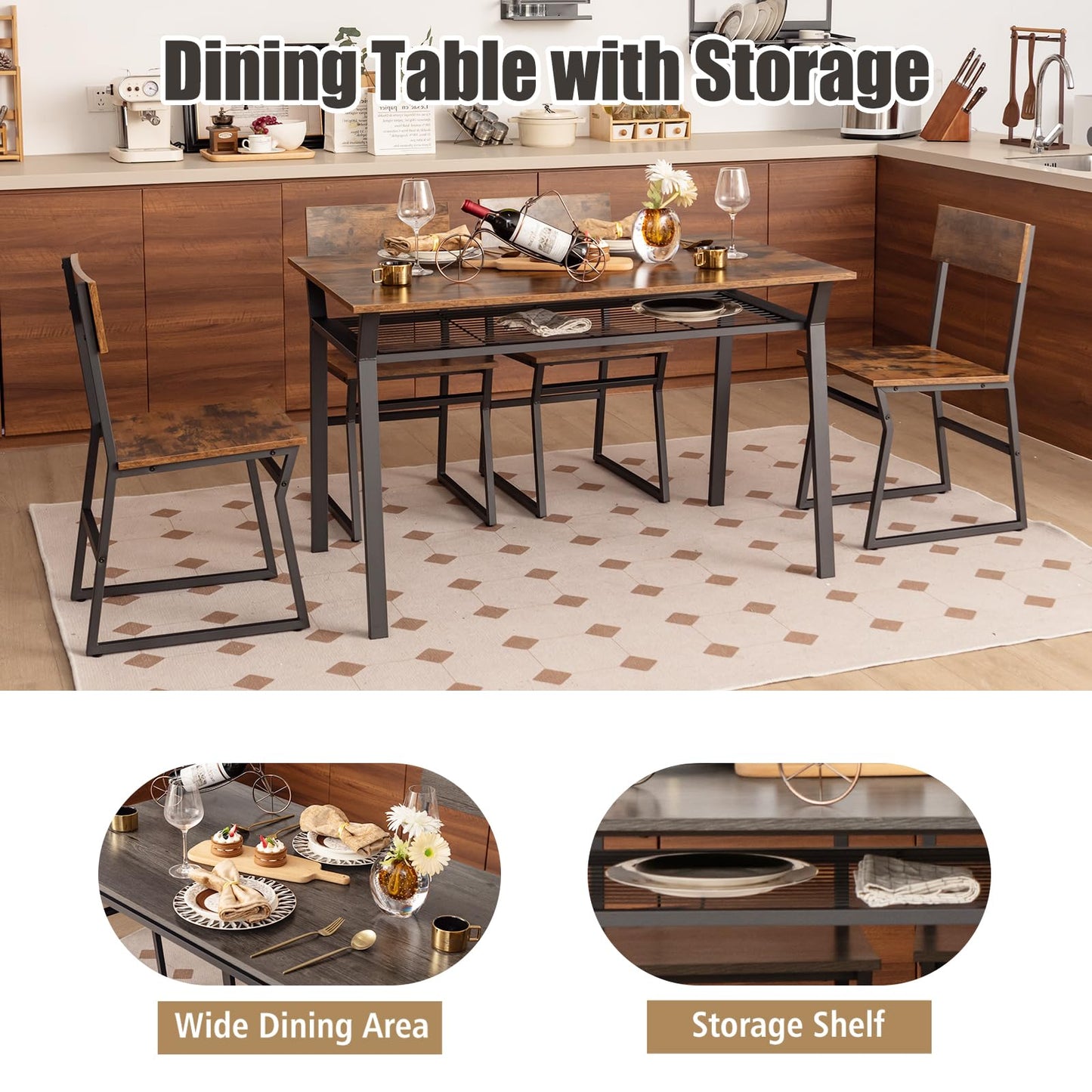 GiantexUK 5 PCS Dining Table Set, Industrial Table and Chairs Set with Storage Shelf and Reclining Seat Back