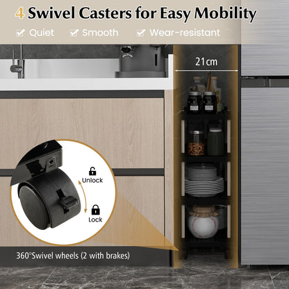 GiantexUK 4 Tier Service Cart, Slide-Out Kitchen Storage Trolley with Wheels and Hooks, Metal Frame Rolling Utility