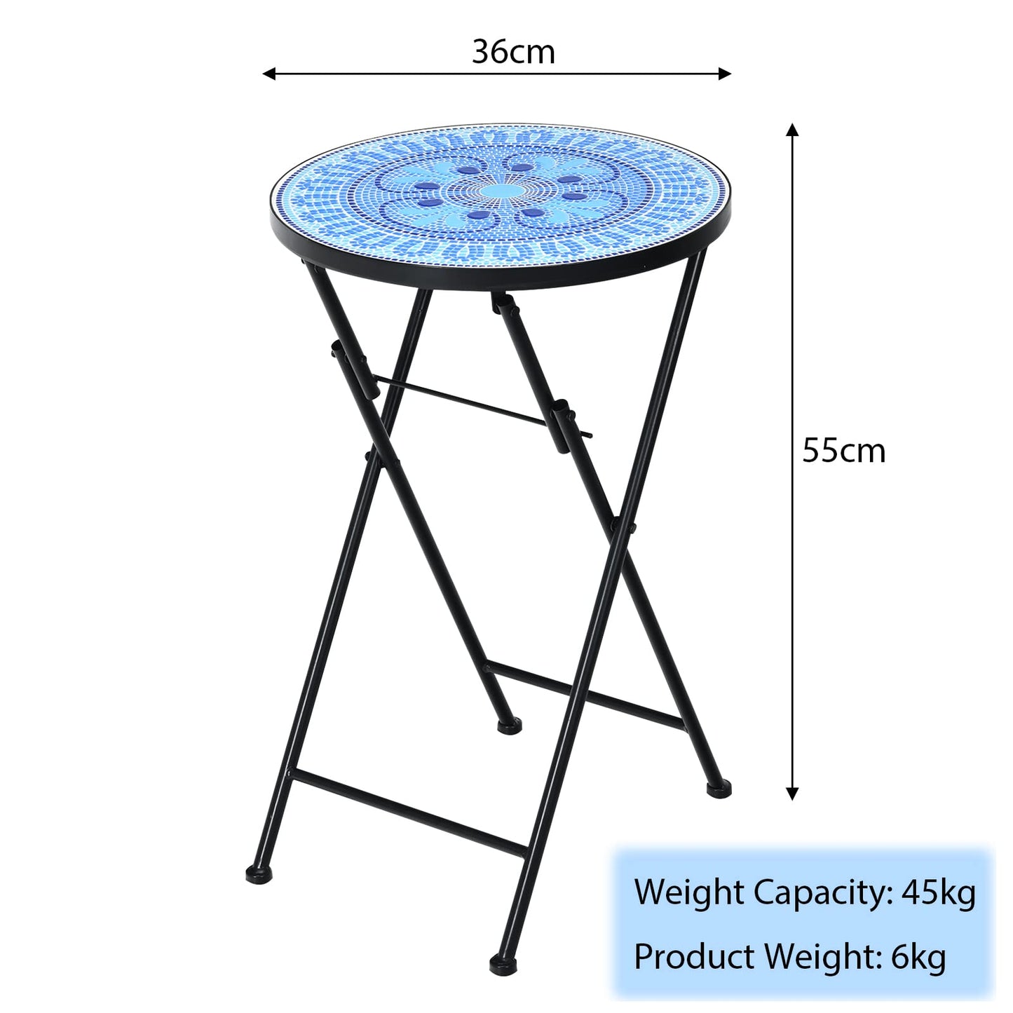 Folding Garden Side Table, 36cm Round Mosaic Bistro Table with Ceramic Tile Top