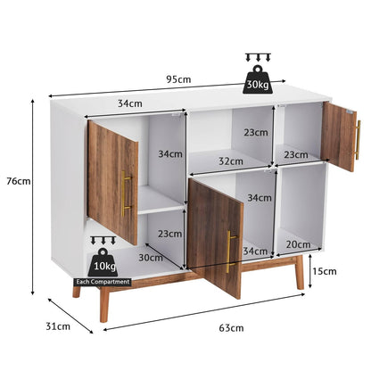 GiantexUK Storage Cabinet, Modern Buffet Cupboard with 3 Doors & 3 Open Compartments, Wooden Freestanding TV Sideboard (White+Brown, 95 x 31 x 76cm)