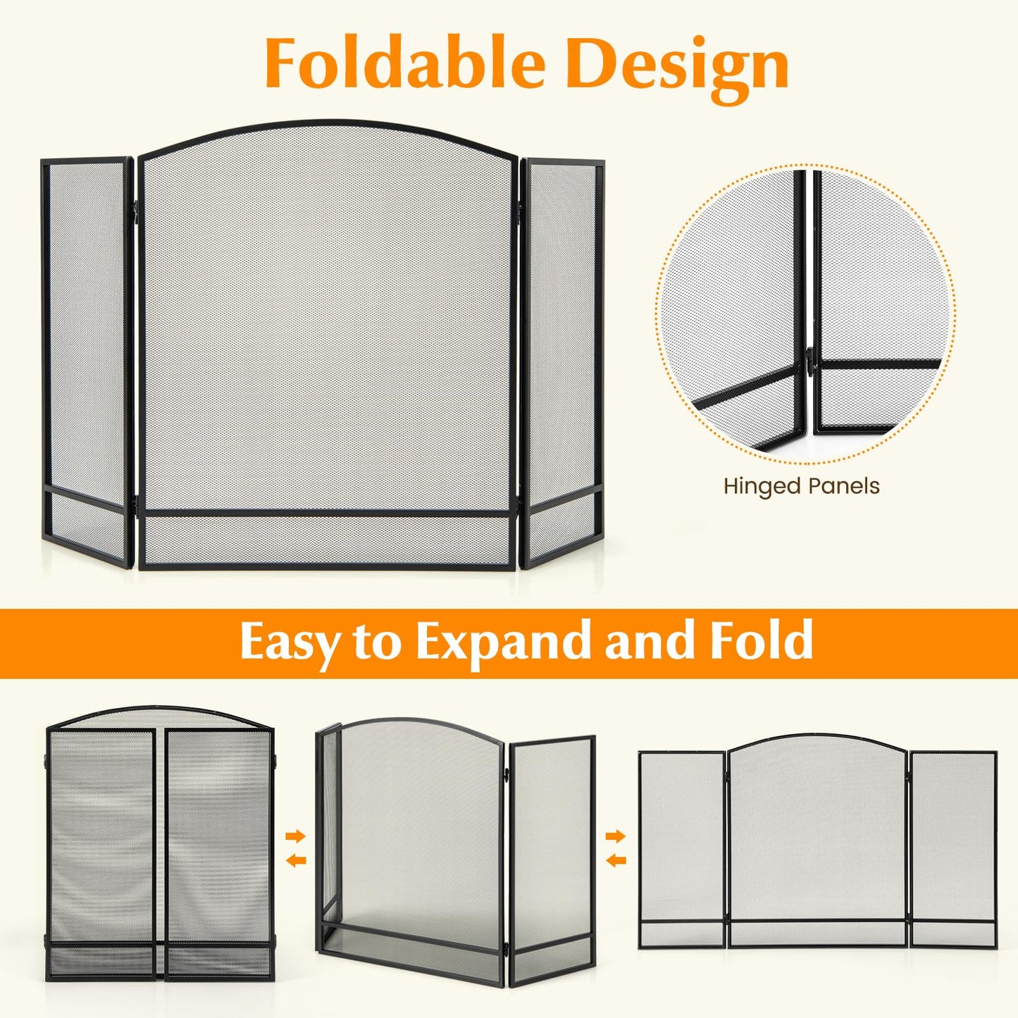 GiantexUK 3-Panel Folding Fire Guard, Metal Mesh Fireplace Screen (No Pattern, 123 x 74cm)