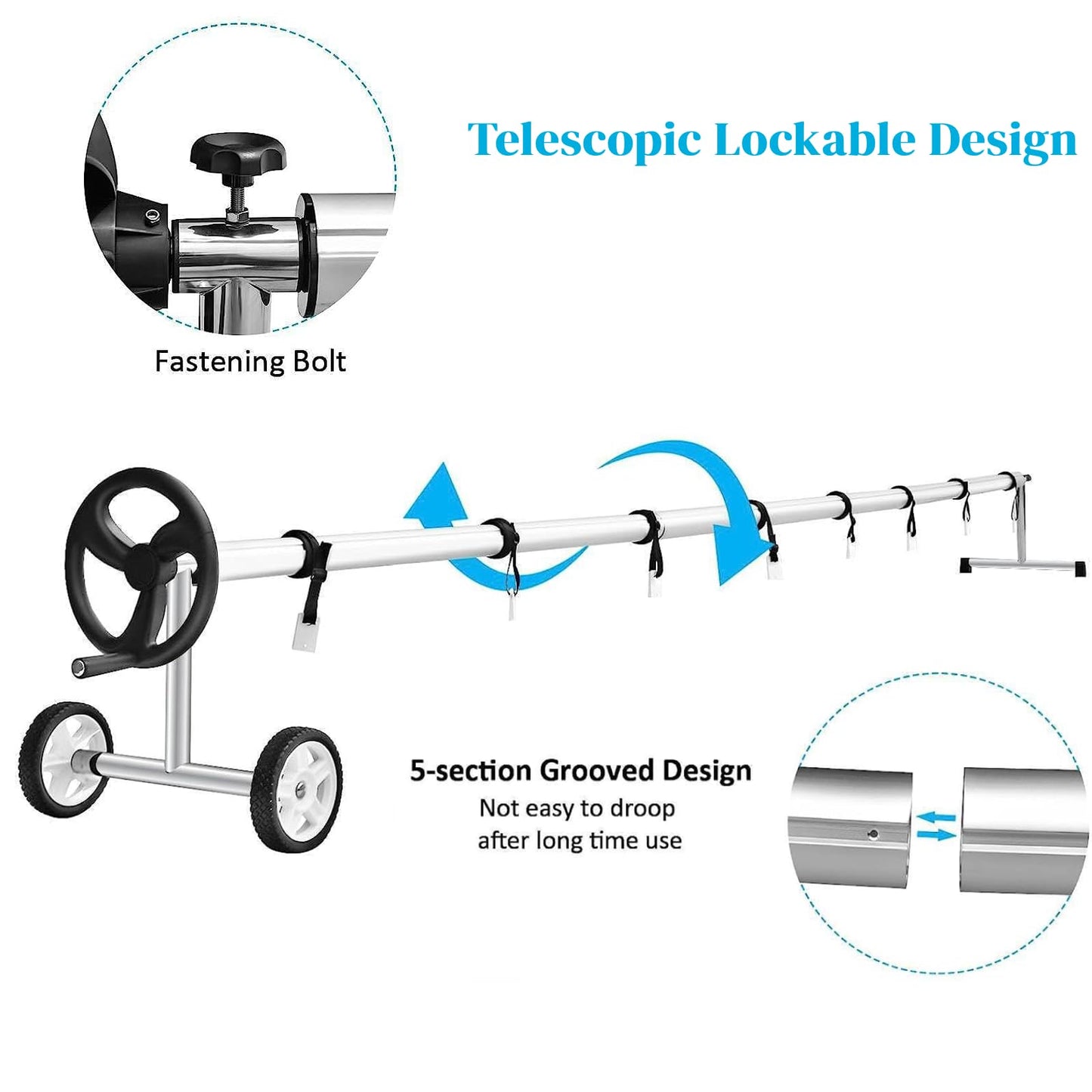 GiantexUK Pool Reel System for Pool Covers, 1.65-7.7m Adjustable Pool Cover Roller Reel Rewinder on Wheels