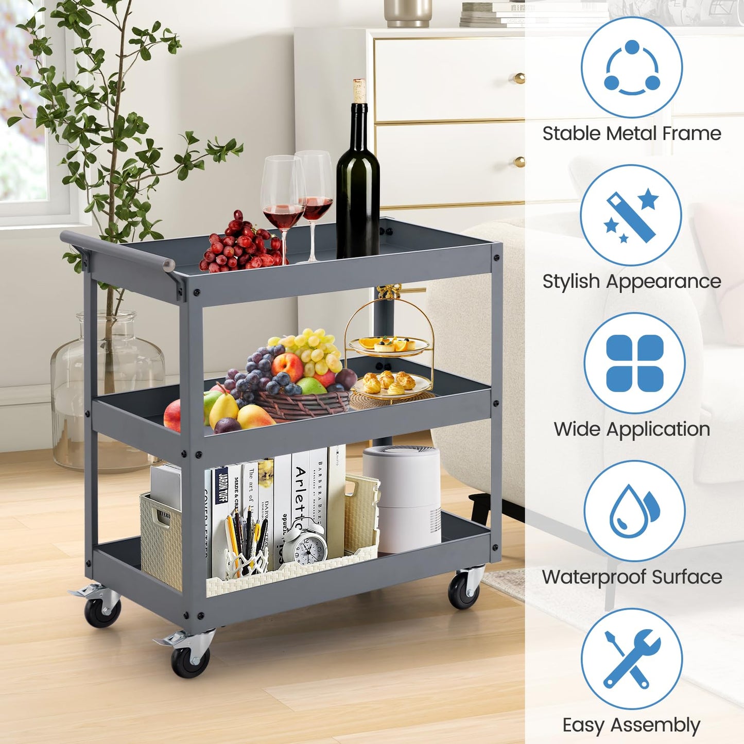 GiantexUK 3-Tier Tool Trolley, Metal Frame Utility Service Cart with 4 Wheels & Handle (3-Tier, Flat Handle)