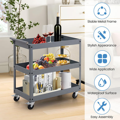 GiantexUK 3-Tier Tool Trolley, Metal Frame Utility Service Cart with 4 Wheels & Handle (3-Tier, Flat Handle)