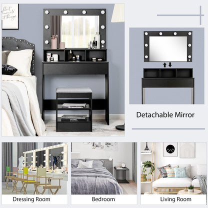 Dressing Table Set with LED Lights Hollywood Mirror, Drawer and Shelves