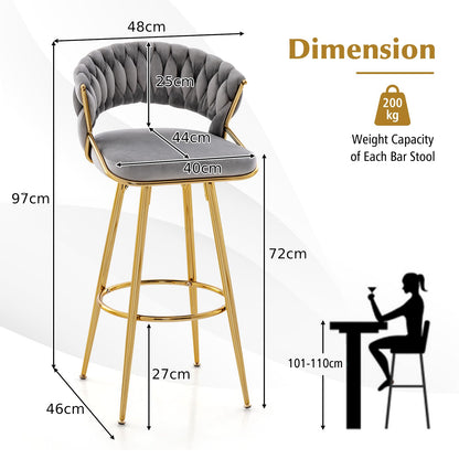 72cm Velvet Bar Stool Set of 2 with Woven Backrest and Gold Metal Legs