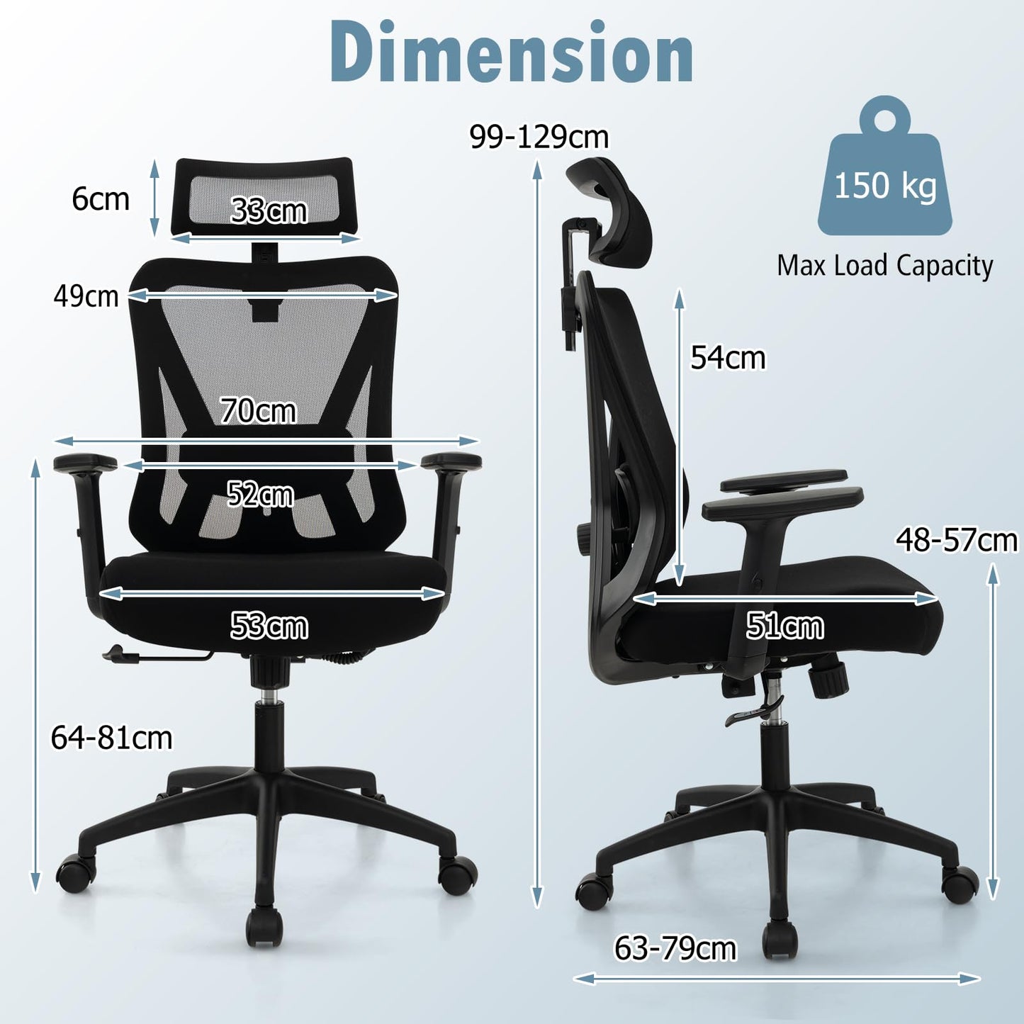 Mesh Office Chair, Ergonomic High Back Swivel Computer Desk Chair with Adjustable Lumbar Support (70 x 63 x 129 cm)