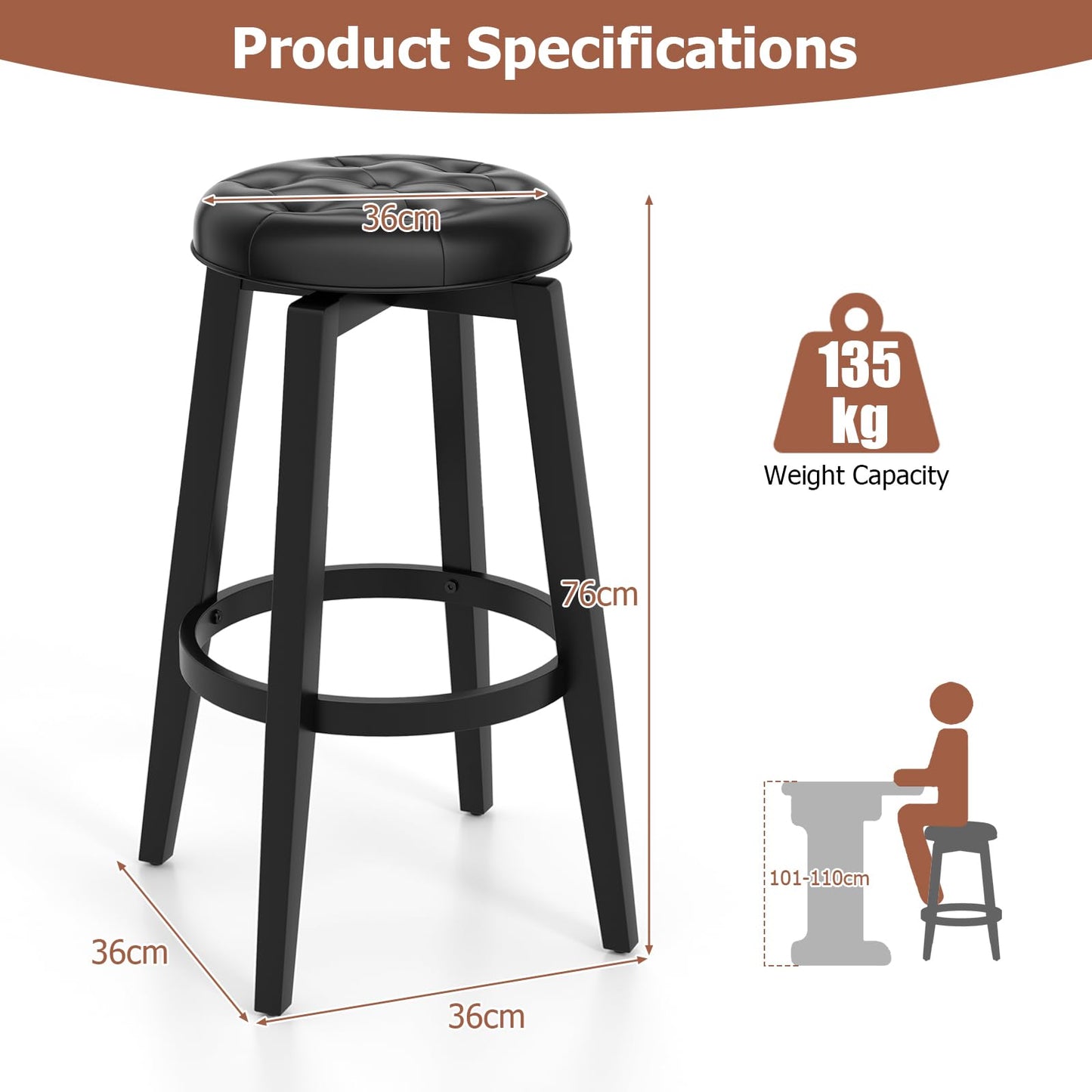 GiantexUK Swivel Bar Stools Set of 2, Upholstered Kitchen Barstools with Footrest, PVC Exterior 76cmH