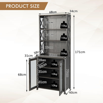 GiantexUK Tall Kitchen Cupboard, 171cm Buffet Sideboard with Glass Doors Cabinet, Adjustable Shelf, 2 Open Shelves