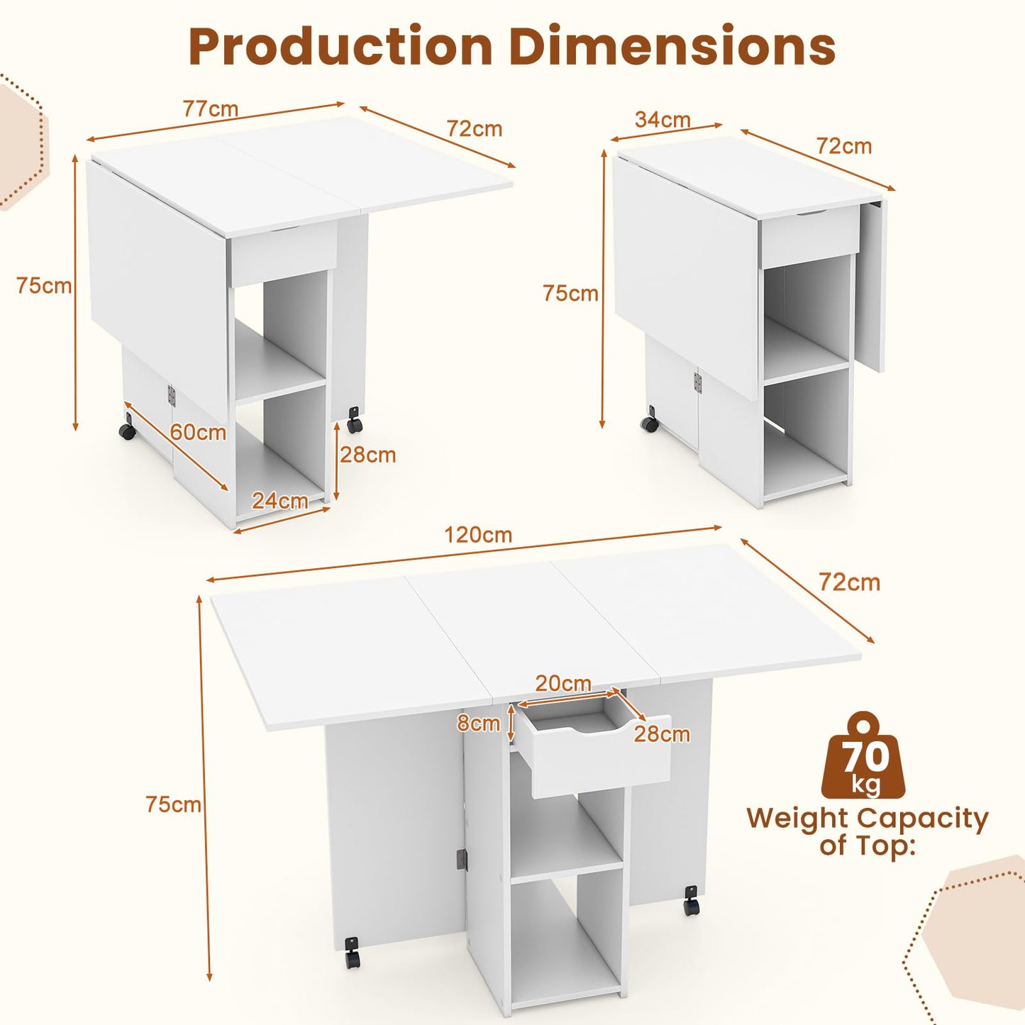 Mobile Folding Dining Table, Drop Leaf Table with 2 Wheels, 2-Layer Storage Rack & Drawer