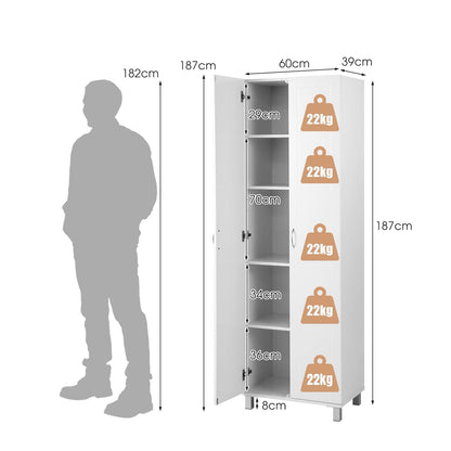 GiantexUK 187cm Tall Kitchen Cupboard, 2 Doors Freestanding Storage Cabinet with Adjustable Shelf & Raised Legs