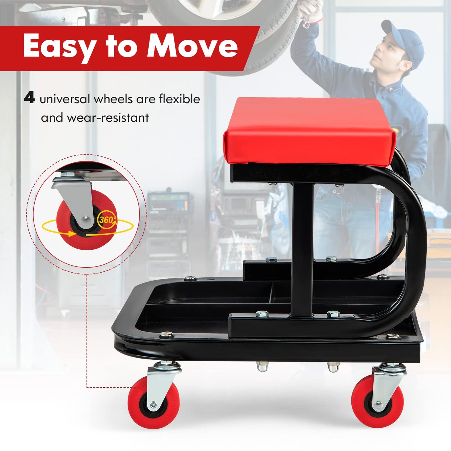 GiantexUK Rolling Mechanic Stool, Padded Creeper Trolley Seat with 4 Swivel Casters and Segmented Tool Tray Storage