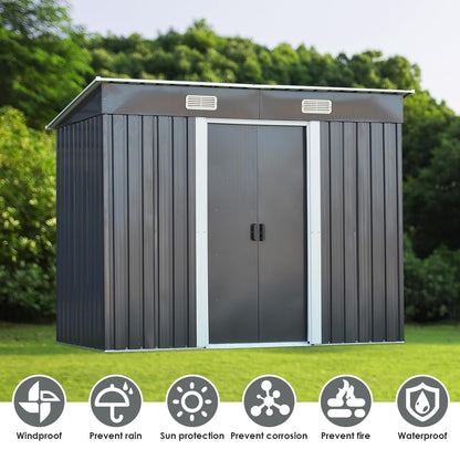 GiantexUK 8x4FT Metal Garden Shed, Slope Roof Utility Shed Building for Backyard Garage (8x4FT, Dark Grey)