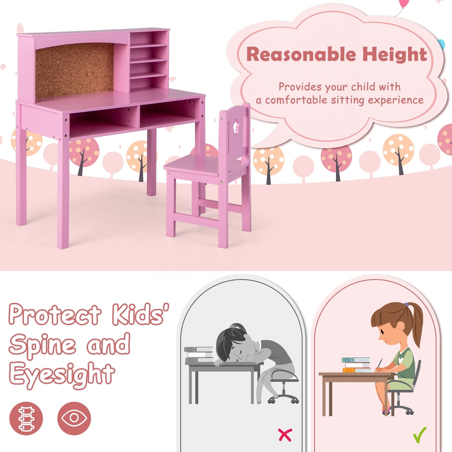 Kids Desk and Chair Set, Wooden Children Study Table with Hutch, Cork Board, Storage Shelves