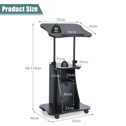 Mobile Laptop Table, Height Adjustable Sit Stand Desk Podium Stand Presentation Cart with Wheels, 55 x 40 x 68-114cm