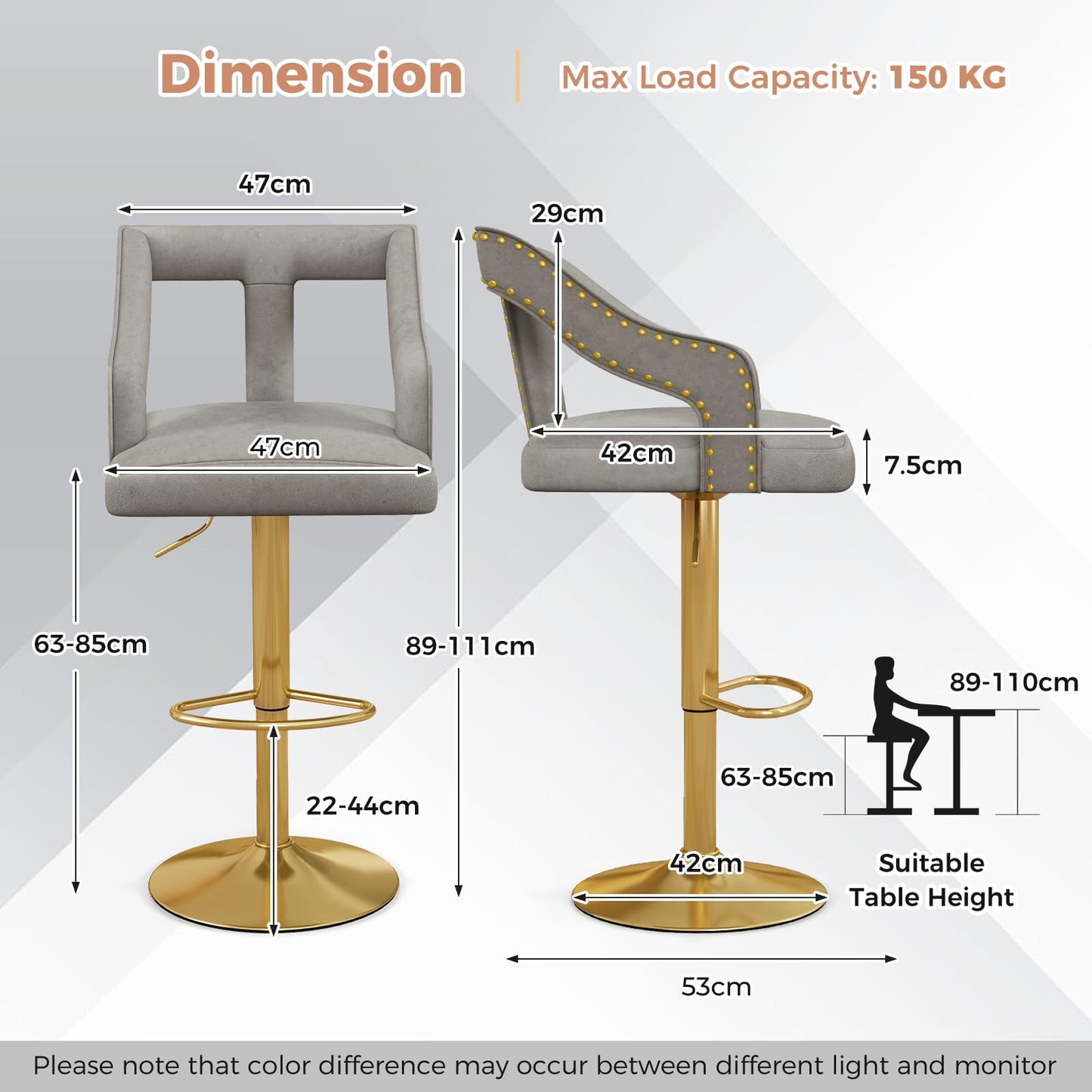 Bar Stools Set of 2, Height Adjustable Swivel Counter Stools Dining Chair with Swivel Gas Lift, Gray + Gold