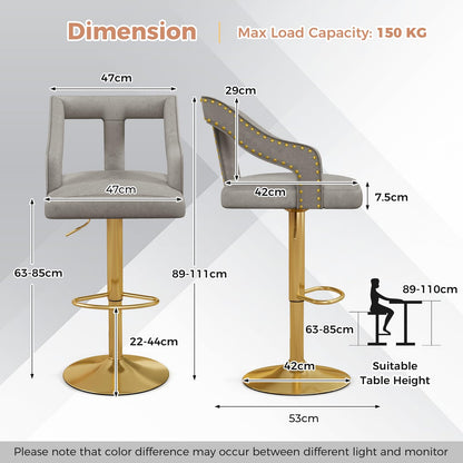 Bar Stools Set of 2, Height Adjustable Swivel Counter Stools Dining Chair with Swivel Gas Lift, Gray + Gold